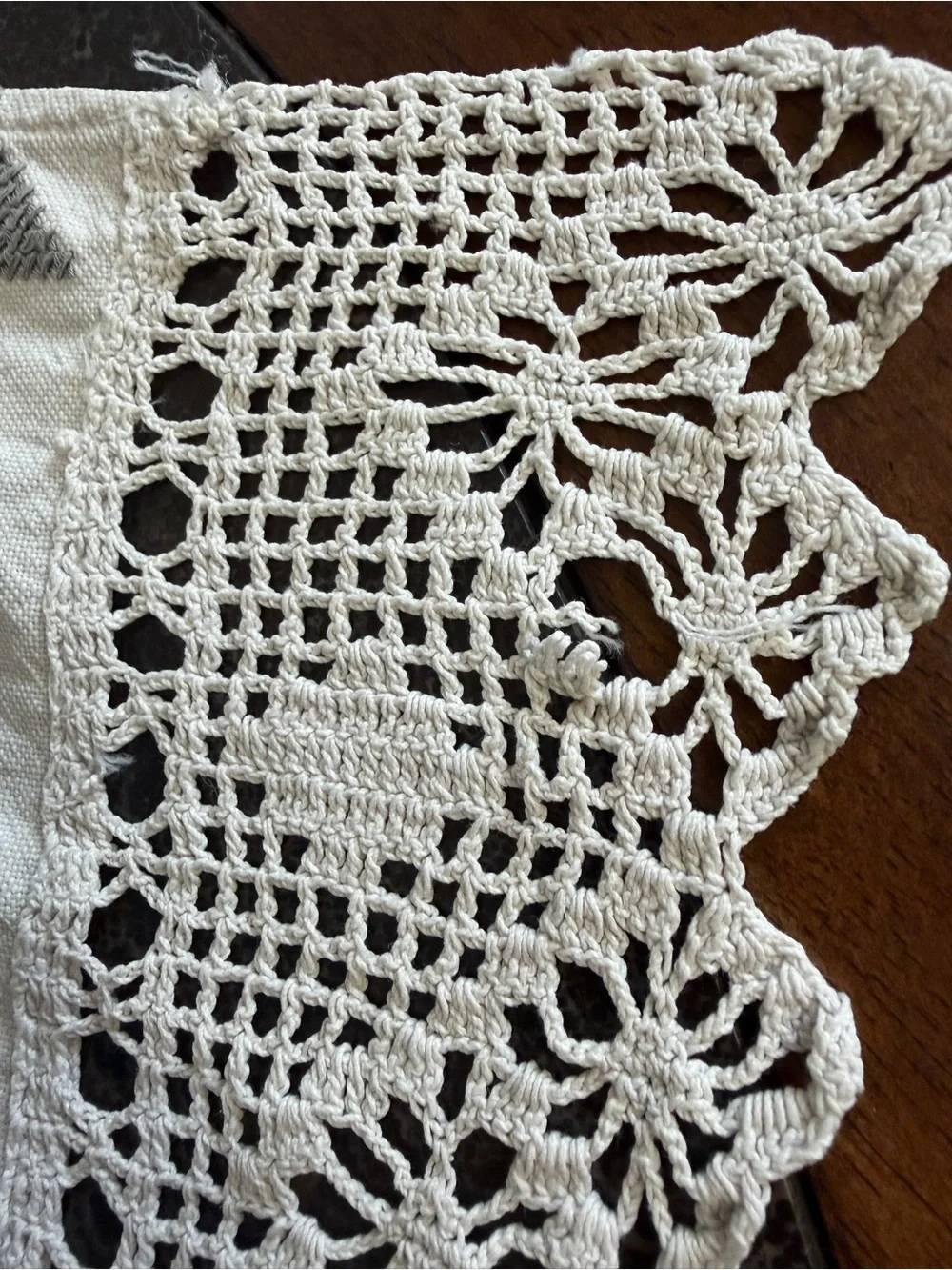 Handmade Floral Cross-Stitch Table Runner with Crochet Edging - White/Multicolor